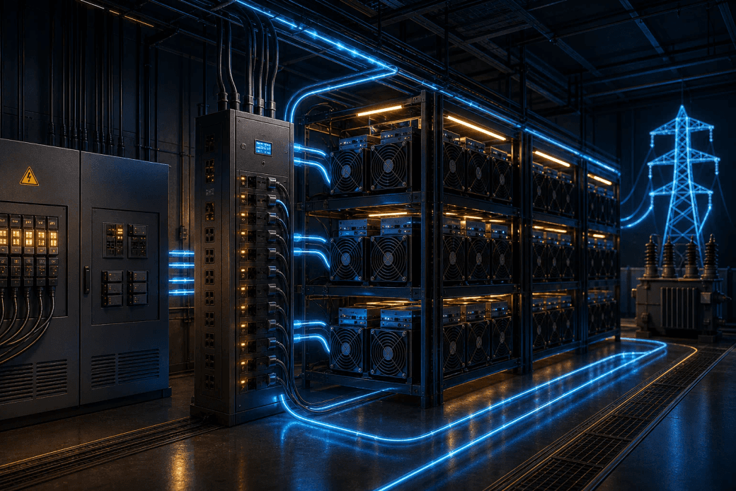 Mining infrastructure power distribution and ASIC racks