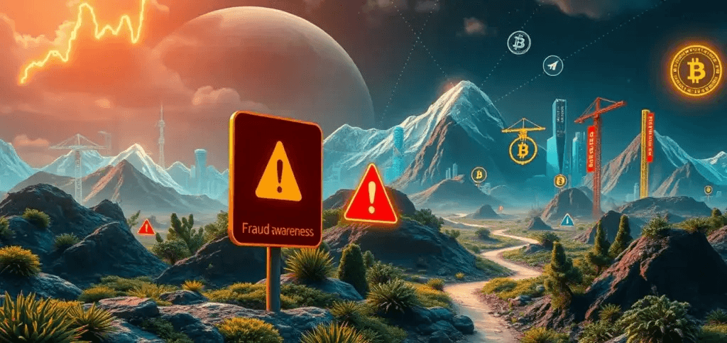 Représentation graphique des risques du marché des cryptomonnaies, mettant en évidence les rug pulls et les stratégies de protection des investisseurs. Les éléments incluent des panneaux de mise en garde et des graphiques.