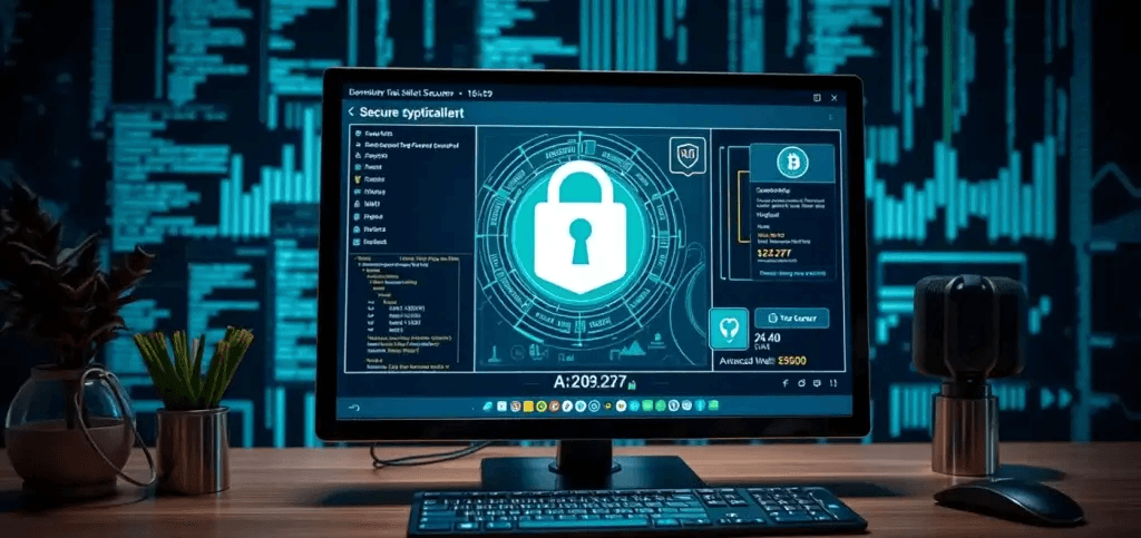 Eine sichere digitale Wallet-Oberfläche, die fortschrittliche Sicherheitsmaßnahmen wie 2FA zeigt, neben Grafiken zu Phishing-Warnungen in Bezug auf Krypto-Transaktionen.