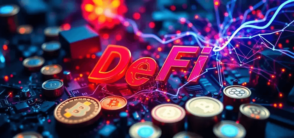 Eine detaillierte Illustration von Flash-Krediten in DeFi, die sofortige Kredittransaktionen ohne Sicherheiten zeigt und Sicherheit sowie Marktdynamik betont.