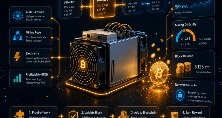 Bitcoin mining ASIC and blockchain explainer visual