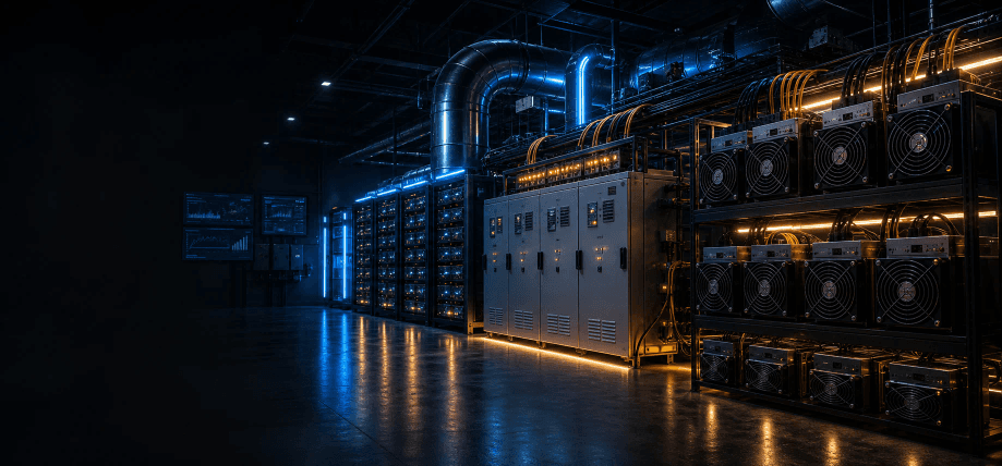 Bitcoin mining infrastructure facility with ASIC racks