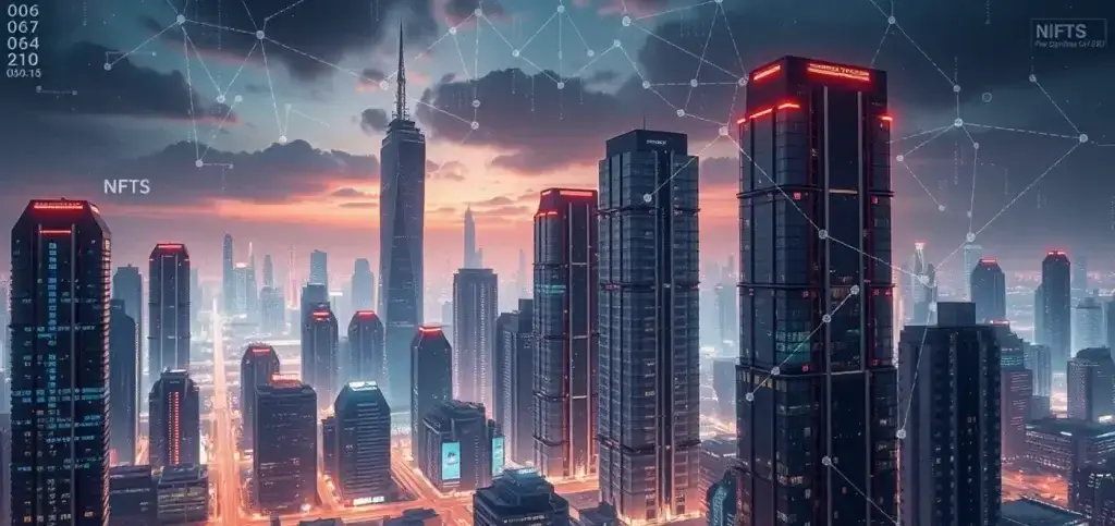 Une image conceptuelle illustrant la tokenisation immobilière avec des NFTs de propriétés et des visuels de blockchain, soulignant les jetons d