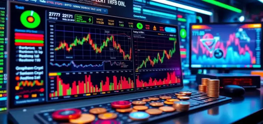 Ein visuell ansprechendes Dashboard, das verschiedene Krypto-Analysen, Portfolio-KPI-Metriken und Markttrends für Krypto-Investoren darstellt.