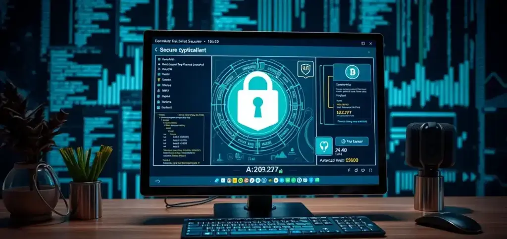 Una interfaz de billetera digital segura que muestra medidas de seguridad avanzadas como 2FA, junto con gráficos de advertencia de phishing relacionados con transacciones de cripto.