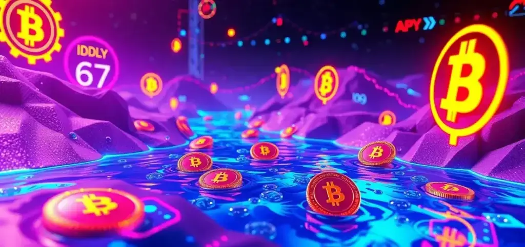 Eine detaillierte Infografik, die die Mechanik des Krypto-Yield-Farmings zeigt, einschließlich Liquiditätspools und APY-Metriken, um Klarheit für Anfänger zu gewährleisten.