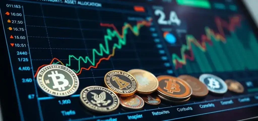 Ein gut organisiertes Kryptowährungsportfolio, das verschiedene Altcoins präsentiert und Strategien zum Risikomanagement und zur Vermögensaufteilung betont.