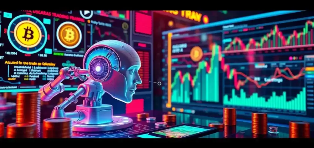 Une représentation futuriste des bots de trading IA analysant les tendances des cryptomonnaies avec des algorithmes avancés et des symboles de monnaies numériques.