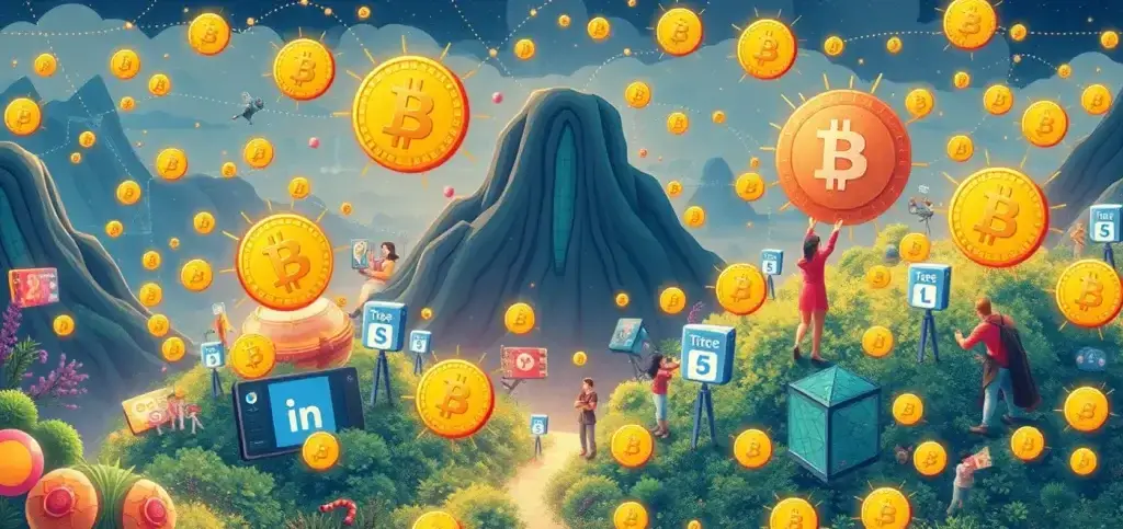 Eine komplexe Grafik, die soziale Token und die Fangemeinschaft in sozialen Medien darstellt, wobei digitale Währungen und das Engagement mit Schöpfern hervorgehoben werden.