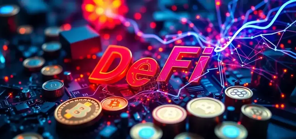 Eine detaillierte Illustration von Flash-Krediten in DeFi, die sofortige Kredittransaktionen ohne Sicherheiten zeigt und Sicherheit sowie Marktdynamik betont.