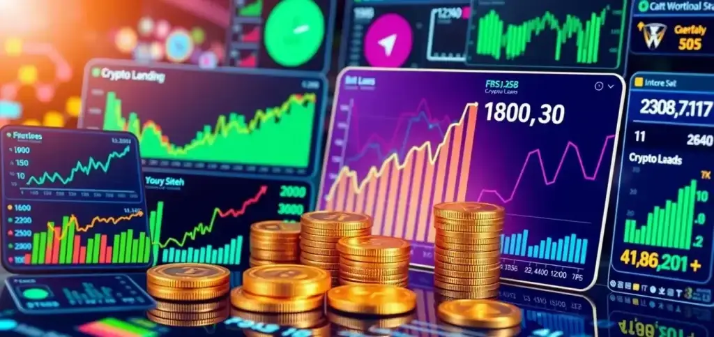 Eine Person analysiert Krypto-Kreditdiagramme und Grafiken auf mehreren Bildschirmen, die Krypto-Kredite und Zinsverdienstmöglichkeiten zeigen.