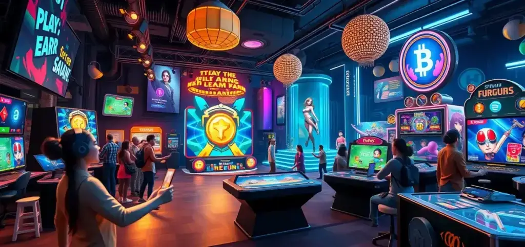 Un paysage numérique vibrant montrant divers jeux play-to-earn, mettant en avant des NFTs et des récompenses en cryptomonnaie dans un environnement blockchain.