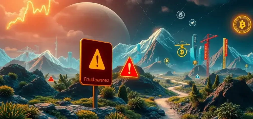 Graphical representation of cryptocurrency market risks, highlighting rug pulls and investor protection strategies. Elements include caution signs and charts.
