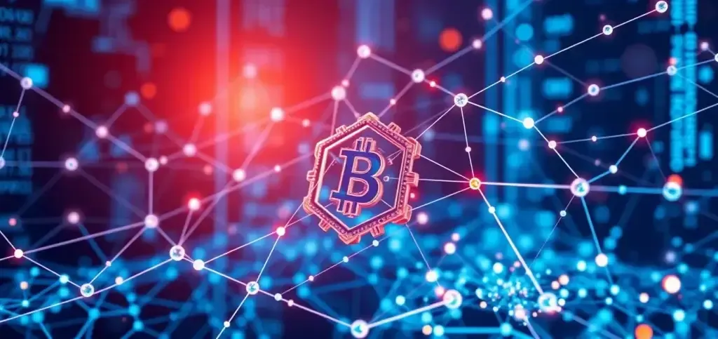 Una representación gráfica detallada que ilustra el concepto de tecnología blockchain destacando el registro distribuido, nodos y mecanismos de consenso, mostrando cómo se procesan las transacciones de forma segura.