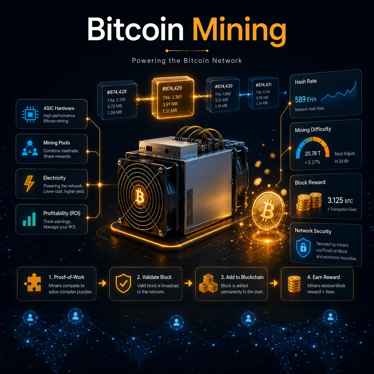 Bitcoin mining ASIC and blockchain explainer visual