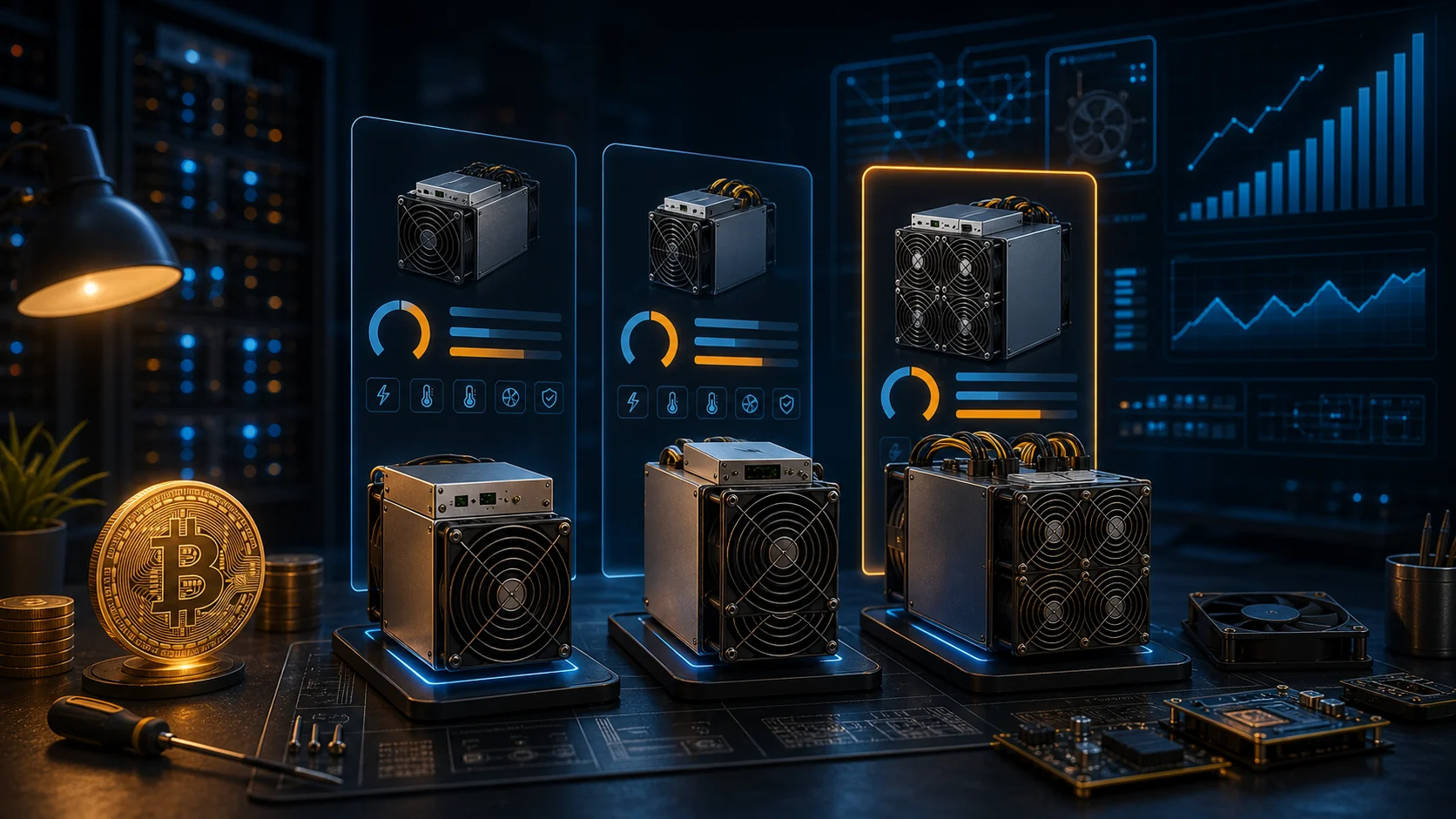 ASIC mining hardware comparison by efficiency and hashrate