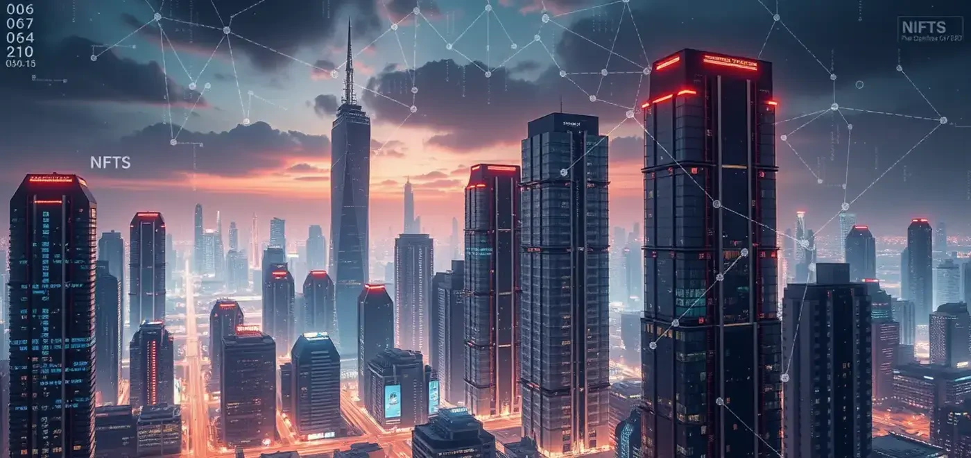 Ein konzeptionelles Bild zur Veranschaulichung der Immobilien-Tokenisierung mit Immobilien-NFTs und Blockchain-Visualisierungen, das digitale Vermögens-Token betont.