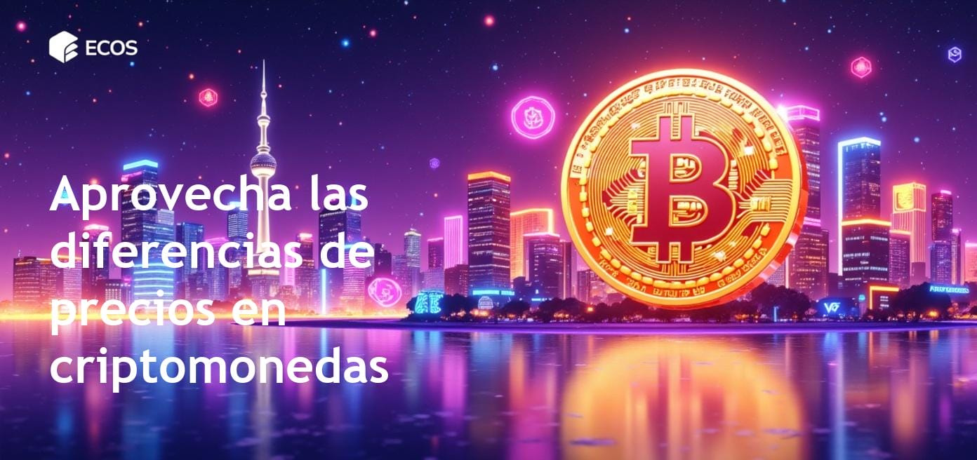 Infografía detallada mostrando diferencias de precios en criptomonedas entre varios intercambios, ilustrando oportunidades de arbitraje y brechas en los intercambios.
