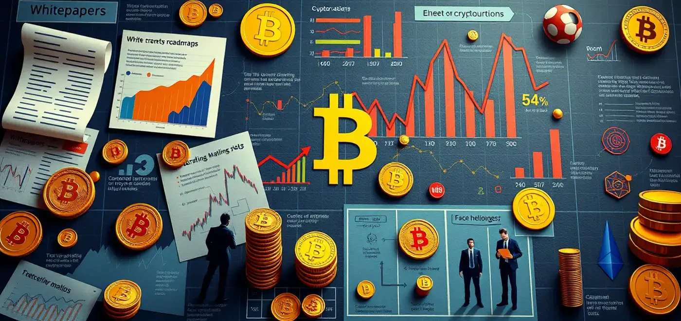 Une représentation graphique détaillée de l'analyse des cryptomonnaies, présentant des éléments tels que des livres blancs, des feuilles de route et des antécédents d'équipe pour l'évaluation.