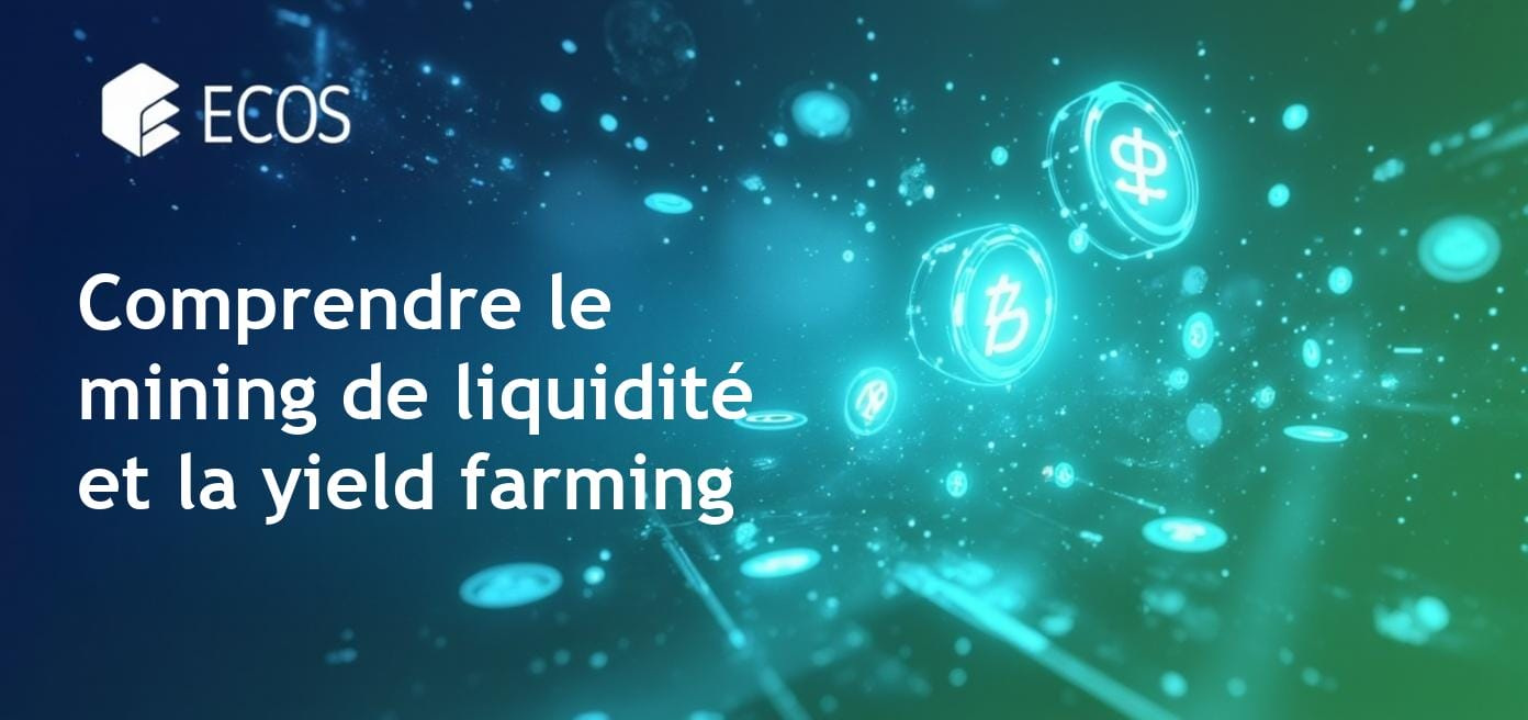 Diagramme illustratif expliquant le mining de liquidité et la yield farming dans la finance décentralisée avec des graphiques de rendements.