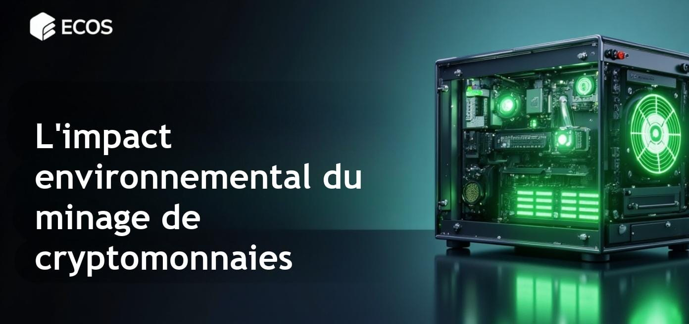 Illustration détaillée montrant l'impact environnemental du minage de cryptomonnaies, mettant en évidence la consommation d'énergie et les émissions de carbone liées aux activités minières de cryptomonnaies.