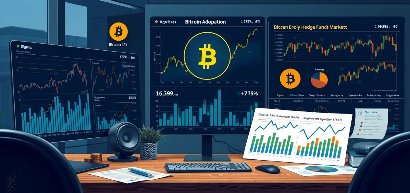 Eine vielfältige Gruppe institutioneller Investoren analysiert Bitcoin-Trends und ETFs in einem modernen Finanzsetting, was das wachsende Interesse an Hedgefonds und Krypto darstellt.