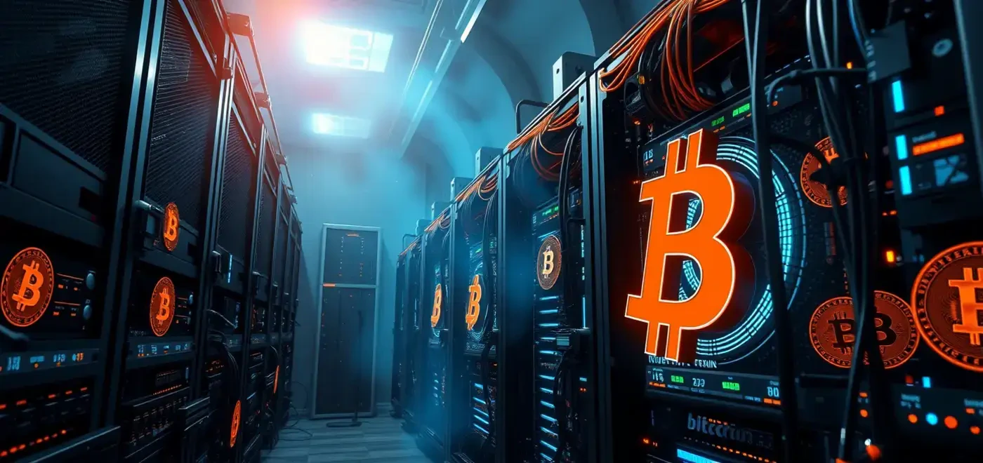 Иллюстрация оборудования для майнинга биткойнов рядом с визуальным представлением событий халвинга биткойнов и вознаграждений за майнинг, подчеркивающая концепцию даты халвинга BTC.