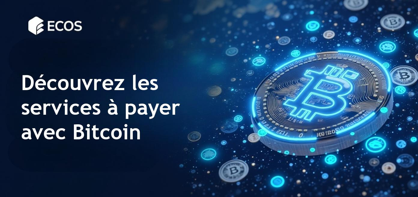 Illustration représentant des méthodes de paiement avec Bitcoin pour des biens et services numériques et physiques.