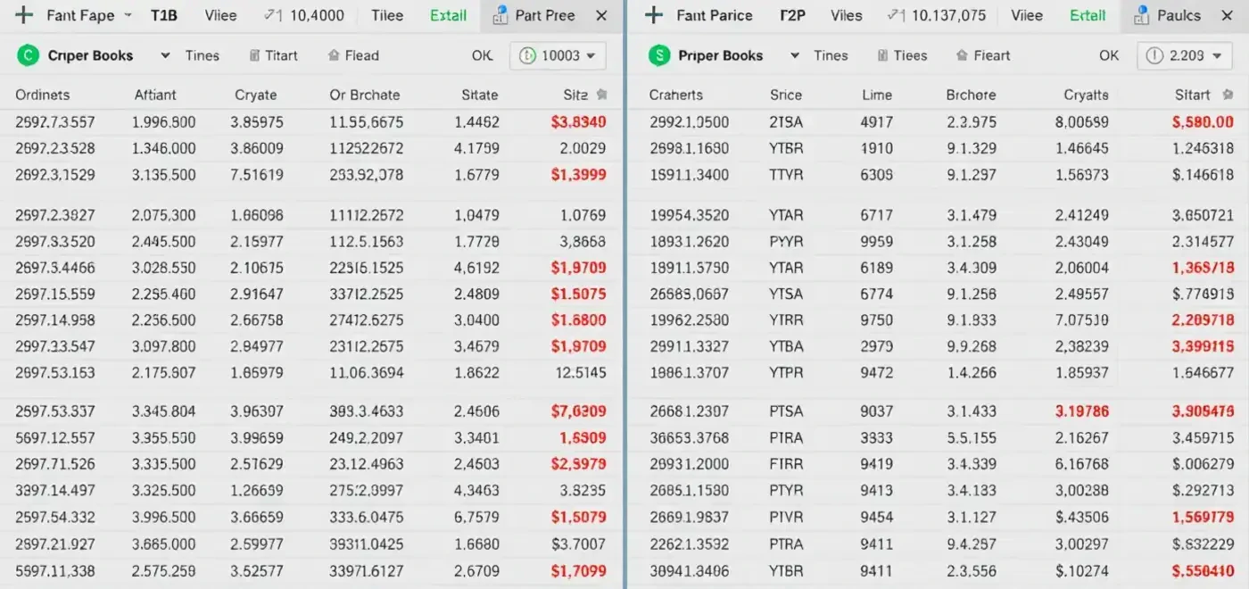 Una infografía detallada que muestra las diferencias de precios de criptomonedas a través de varios intercambios, ilustrando las oportunidades de arbitraje y las brechas entre intercambios, relevante para el trading de bajo riesgo con bots de arbitraje.