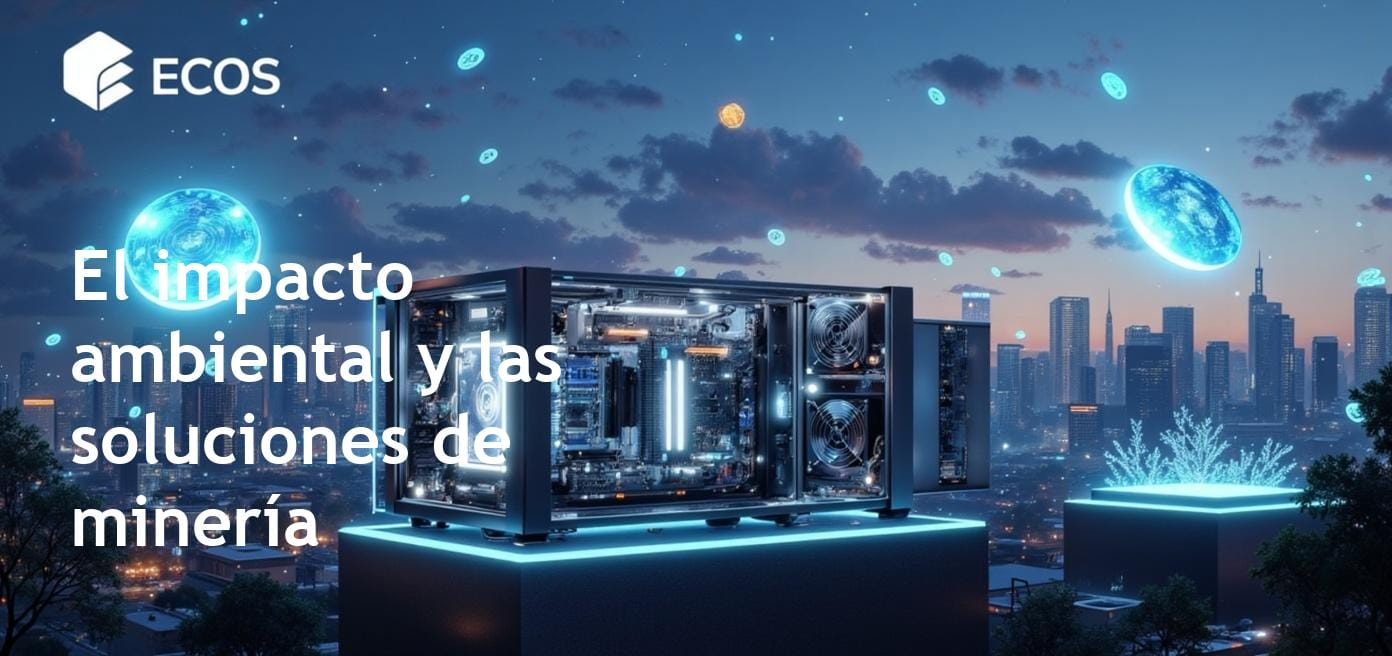 Ilustración detallada que muestra el impacto ambiental de la minería de criptomonedas, destacando el consumo de energía y las emisiones de carbono relacionadas con las actividades de minería de criptomonedas.