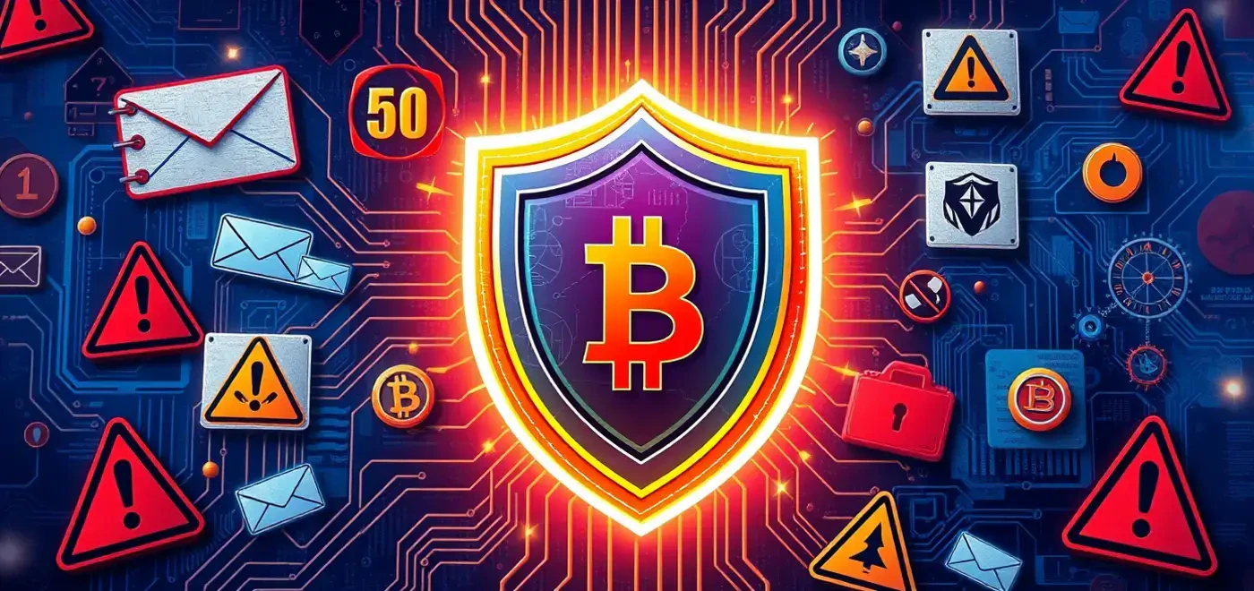 A conceptual image representing crypto scams, featuring a lock symbol on a digital background with phishing alerts, showcasing security measures against text scams.