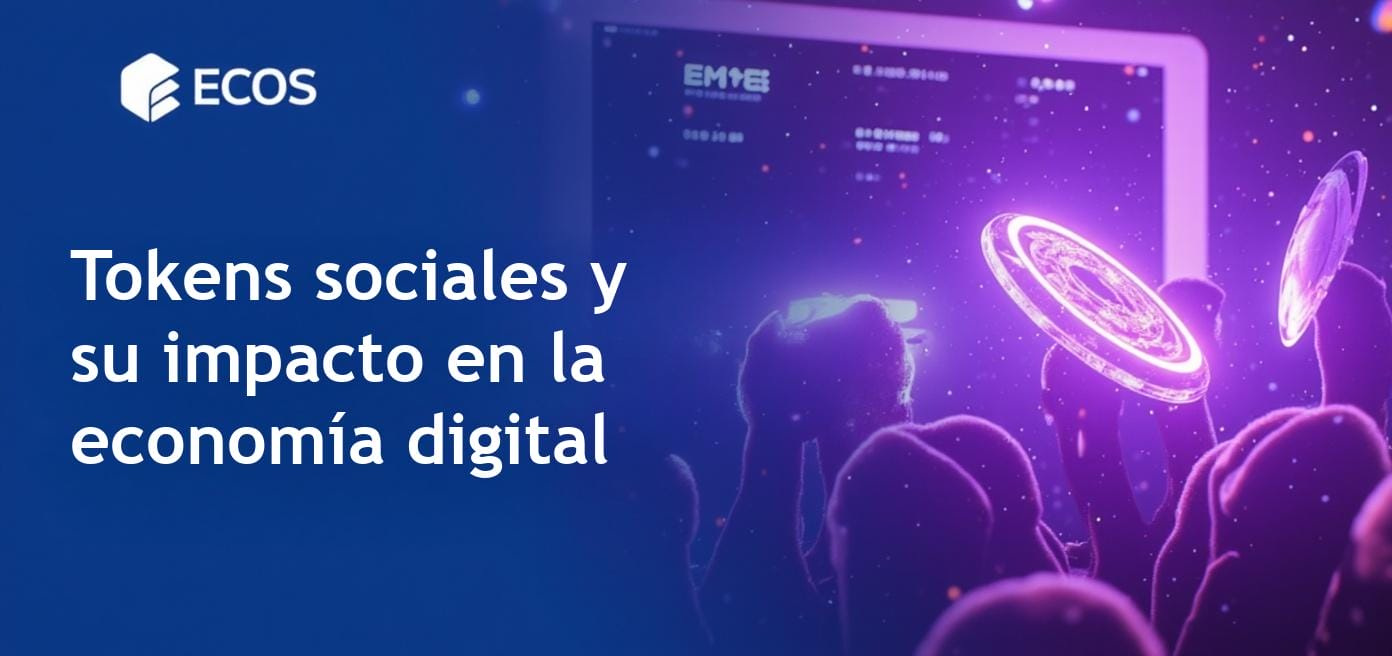 Gráfica intrincada que representa tokens sociales y la economía de fans en redes sociales, destacando monedas digitales y el compromiso con creadores.