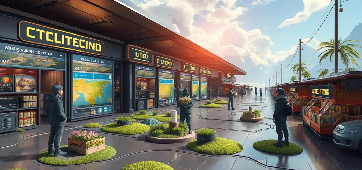 Représentation vibrante des crypto-monnaies du métavers, mettant en avant Sandbox, Mana et des éléments de terre virtuelle dans un paysage numérique.