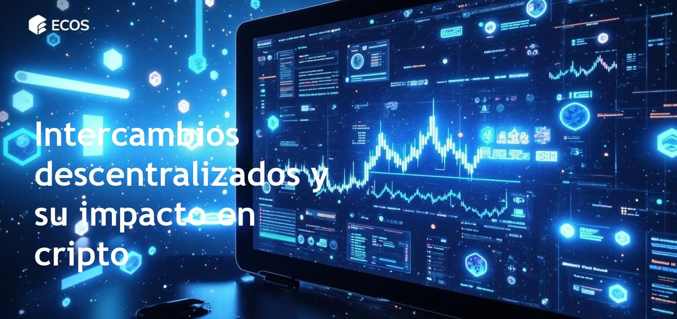 Una representación digital de intercambios descentralizados que muestra el comercio entre pares en un entorno blockchain, destacando plataformas DEX y conceptos DeFi.