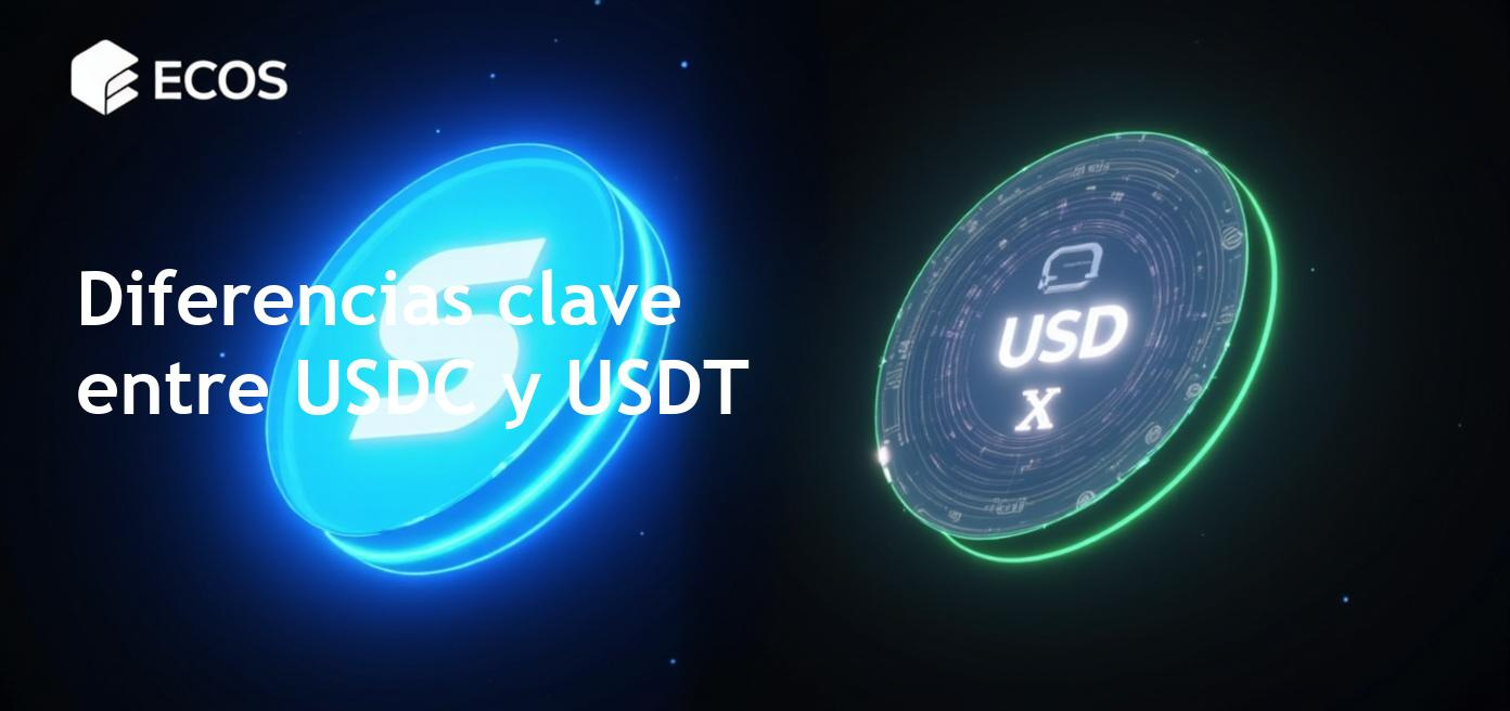Comparativa de stablecoins USDC y USDT, mostrando gráficos de transparencia y usos en el mercado de criptomonedas.