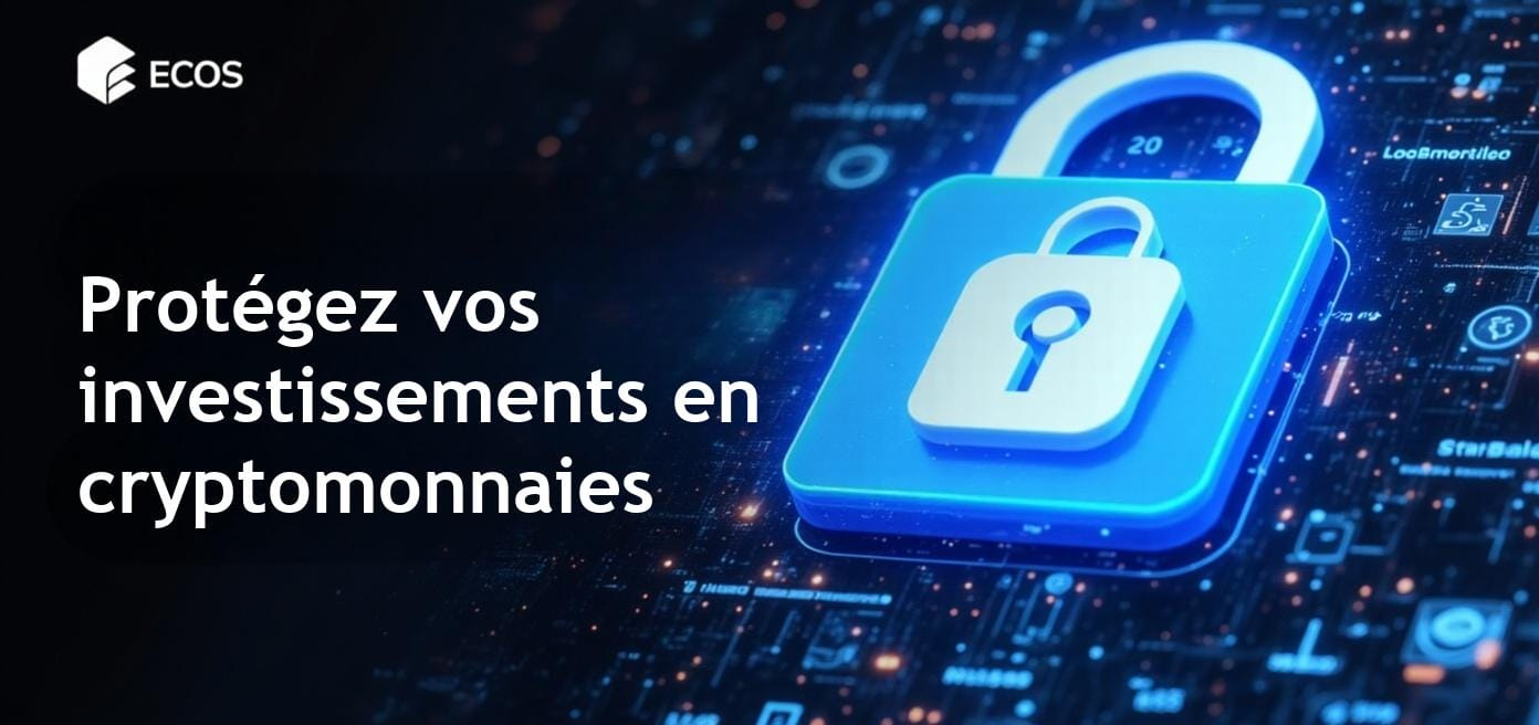 Image conceptuelle représentant des escroqueries liées aux cryptomonnaies, avec un symbole de verrou sur un fond numérique et des alertes de phishing.