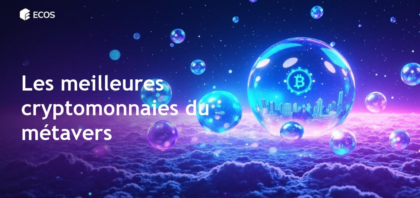 Une représentation dynamique des cryptomonnaies du métavers, mettant en valeur Sandbox, Mana et des éléments de terrain virtuel dans un paysage numérique.