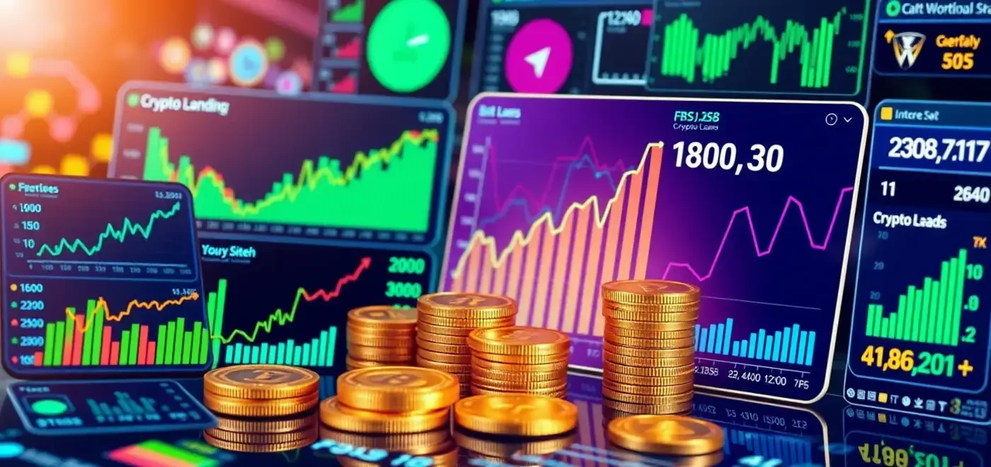 A person analyzing cryptocurrency lending charts and graphs on multiple screens, showcasing crypto loans and interest earning potential.