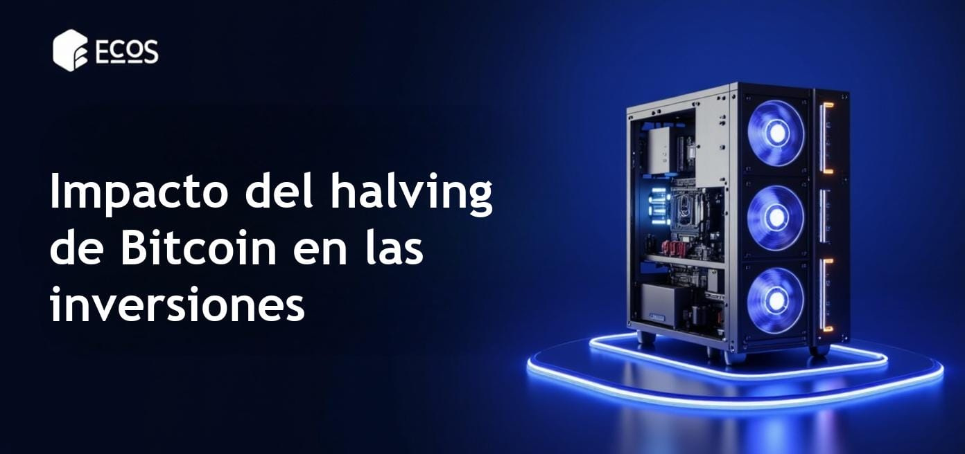 Ilustración de equipamiento de minería de Bitcoin junto a una representación visual de los eventos de halving de Bitcoin y recompensas mineras.