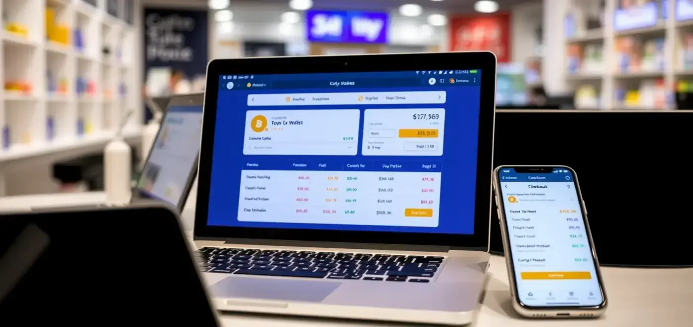 A dynamic e-commerce landscape showcasing various cryptocurrencies, highlighting crypto checkout and fast payment transactions for merchants