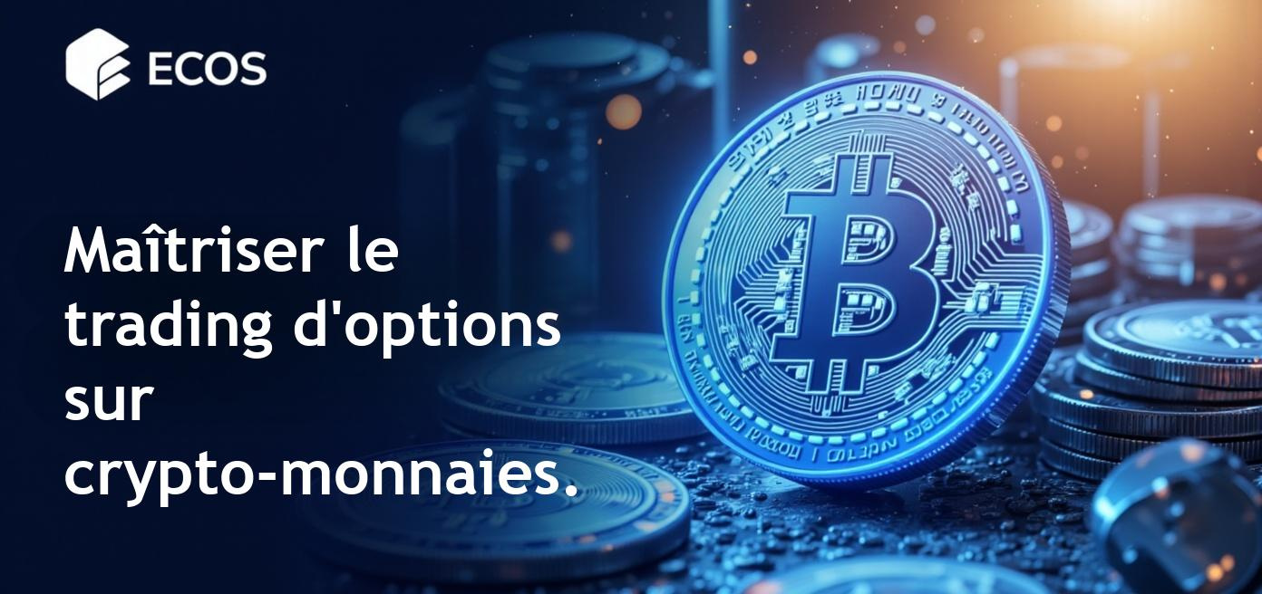 Une représentation détaillée des contrats d'options sur crypto-monnaies, mettant en avant des graphiques financiers et des illustrations en rapport avec Bitcoin.
