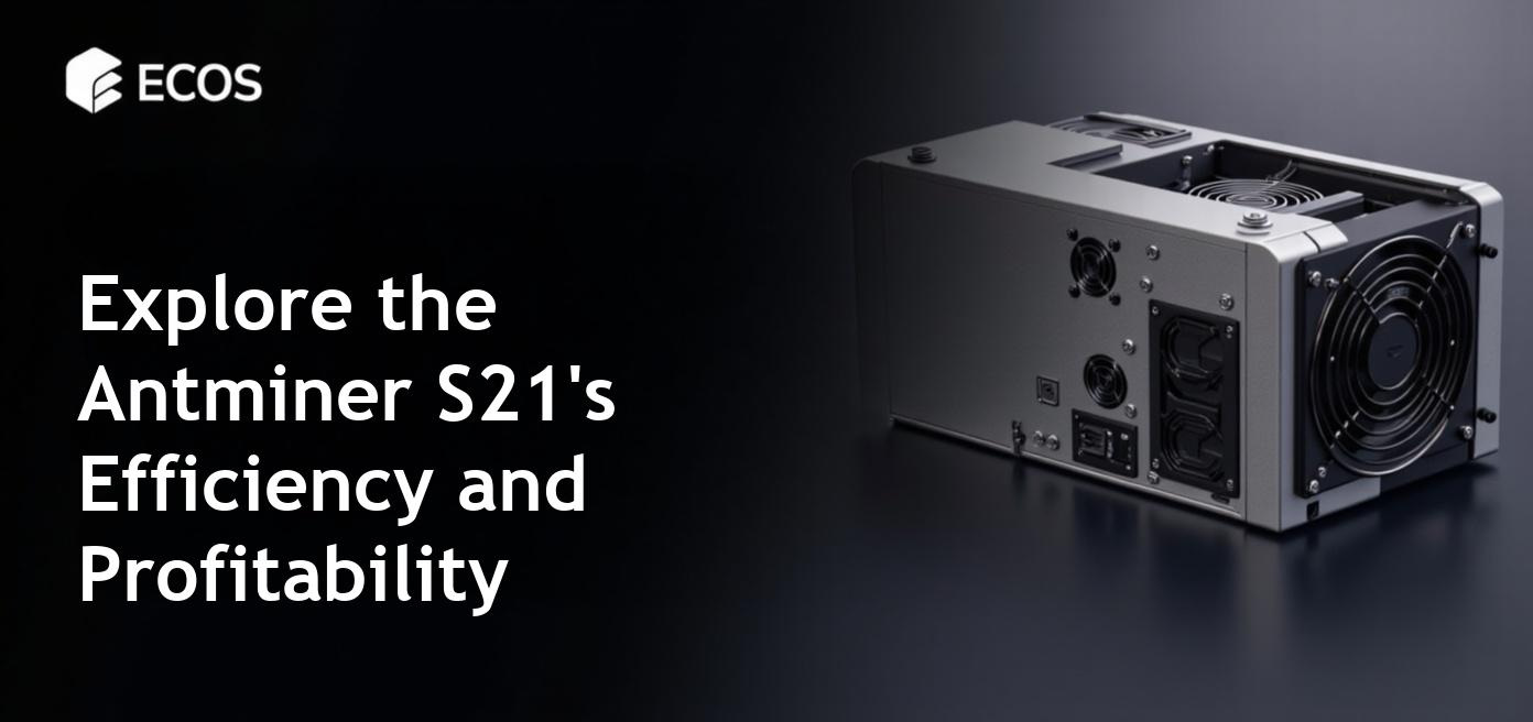 Antminer S21 high-performance ASIC miner showcased in a sleek, modern design with detailed specifications and advanced cooling technology.