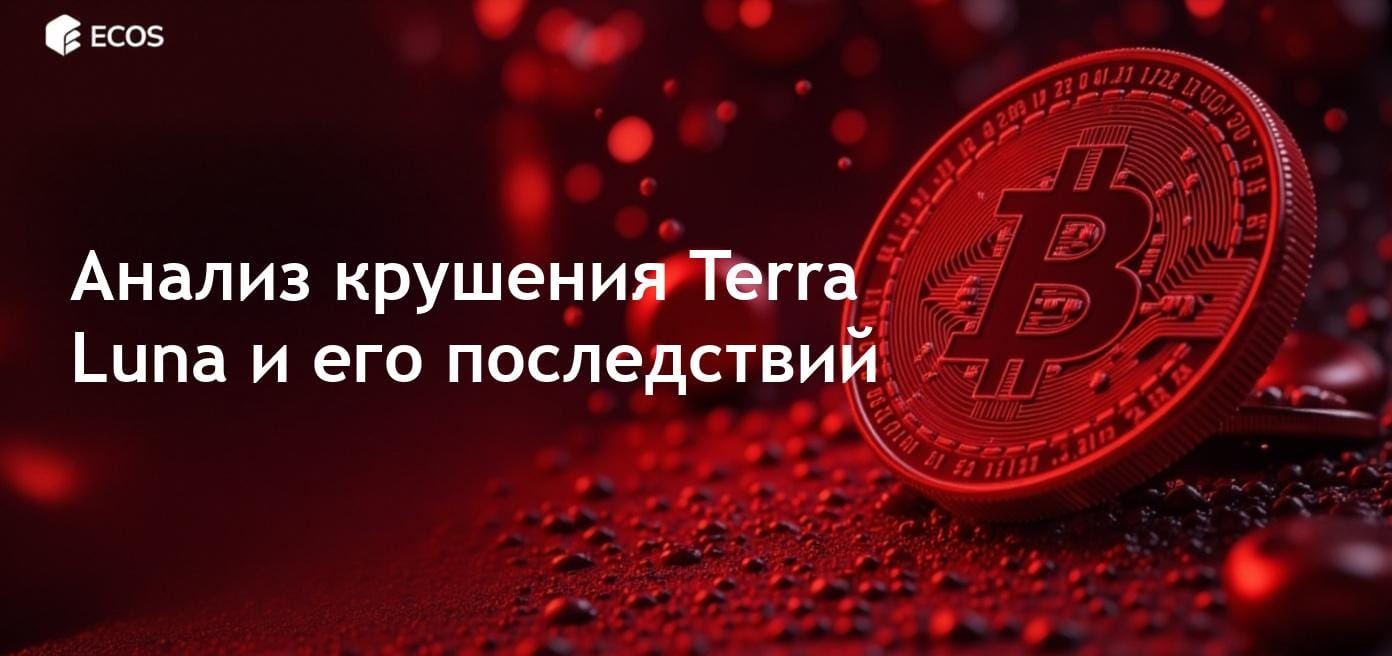 Изображение, иллюстрирующее подъем и падение Terra (LUNA) с графическими представлениями краха LUNA, расхождения UST и концепции алгоритмических стейблкоинов.