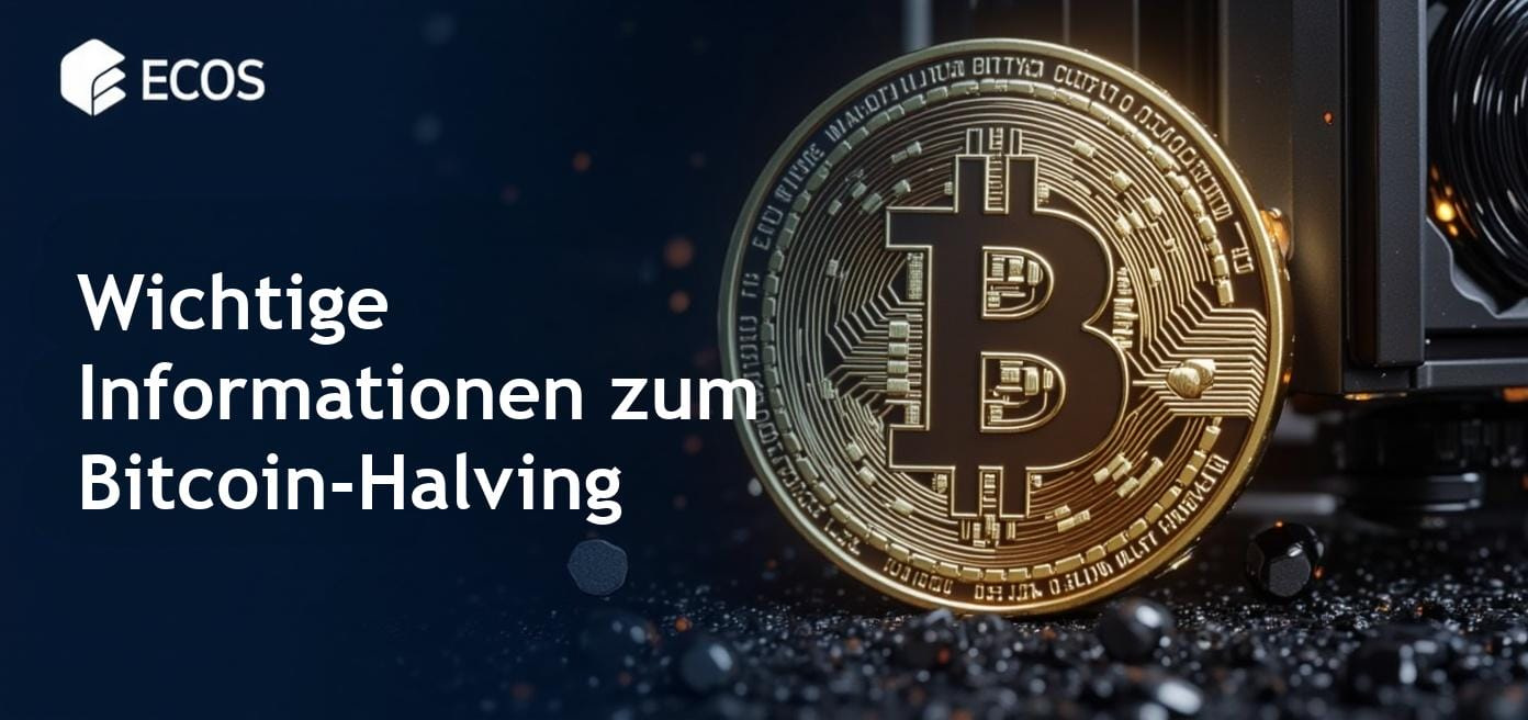 Eine illustrative Darstellung von Bitcoin-Mining-Geräten neben einer visuellen Darstellung der Bitcoin-Halving-Ereignisse und Mining-Belohnungen, die das Konzept des BTC-Halvings hervorhebt.