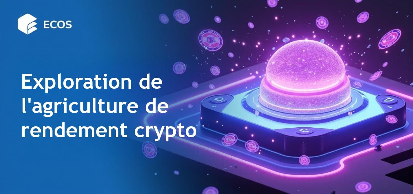 Infographie détaillée sur l'agriculture de rendement des cryptomonnaies incluant les pools de liquidités et les métriques d'APY.
