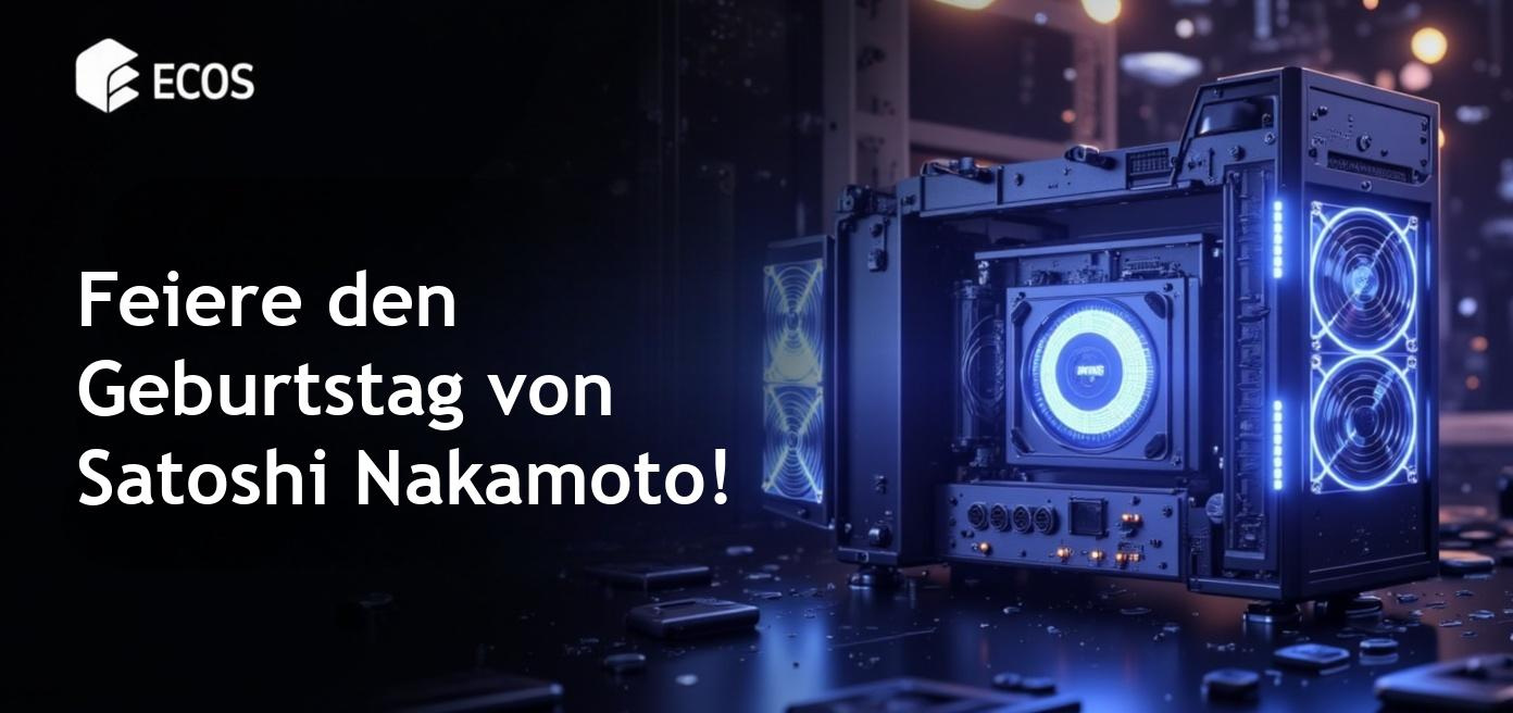 Ein Bild zum Geburtstag von Satoshi Nakamoto, dem Erfinder von Bitcoin. Es zeigt eine stilisierte Feier mit digitalen Elementen.