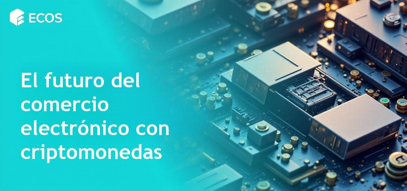 Un paisaje dinámico de comercio electrónico que muestra diversas criptomonedas, destacando el pago en crypto y las transacciones rápidas para comerciantes.