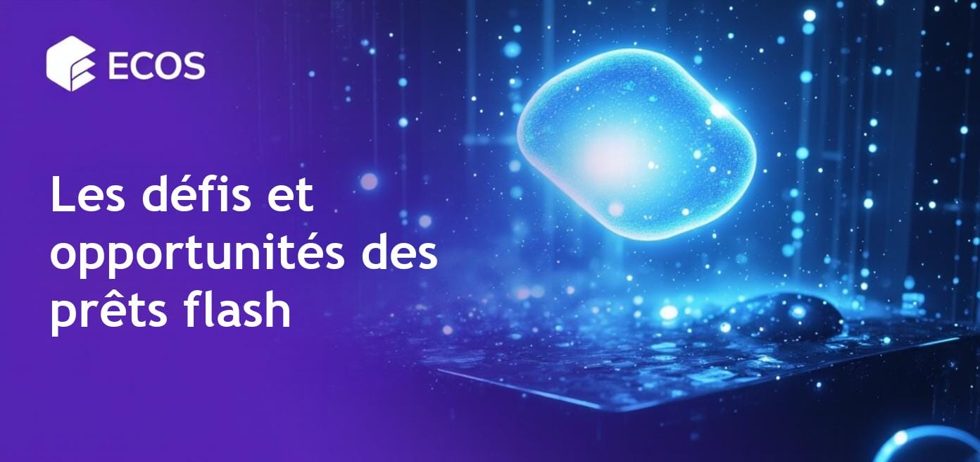 Illustration détaillée des prêts flash dans DeFi, illustrant des transactions de prêts instantanés sans garantie, mettant en avant la sécurité et la dynamique du marché.