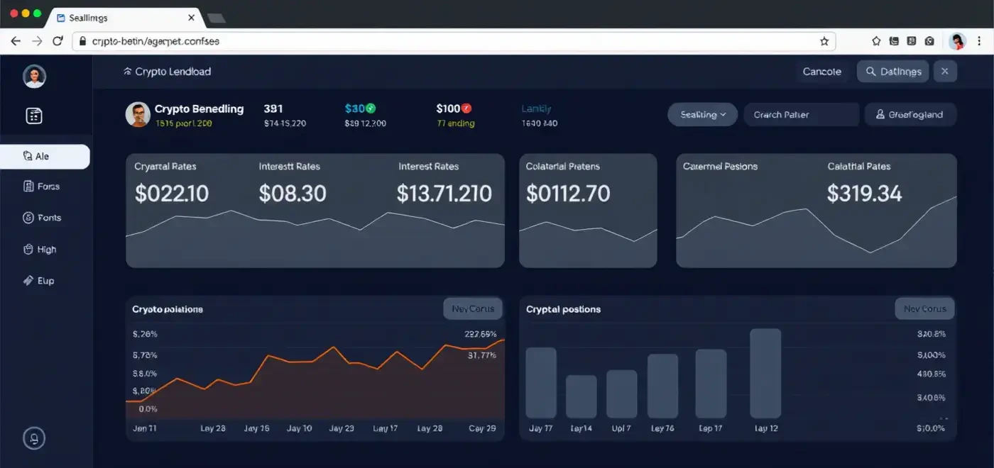 A person analyzing cryptocurrency lending charts and graphs on multiple screens, showcasing crypto loans and interest earning potential.