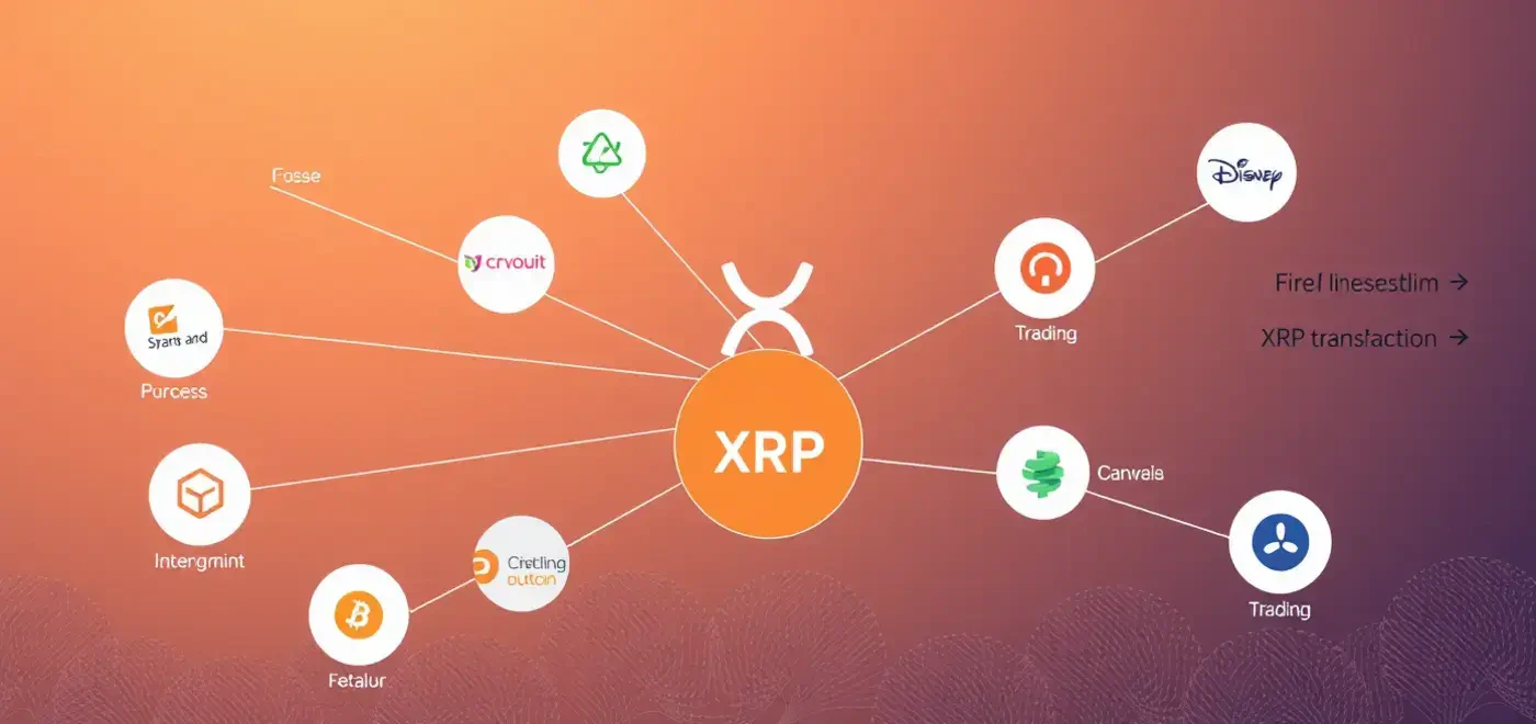 Una representación visual de la integración comercial de XRP en varias plataformas de activos digitales, destacando la liquidez y las tendencias del mercado.